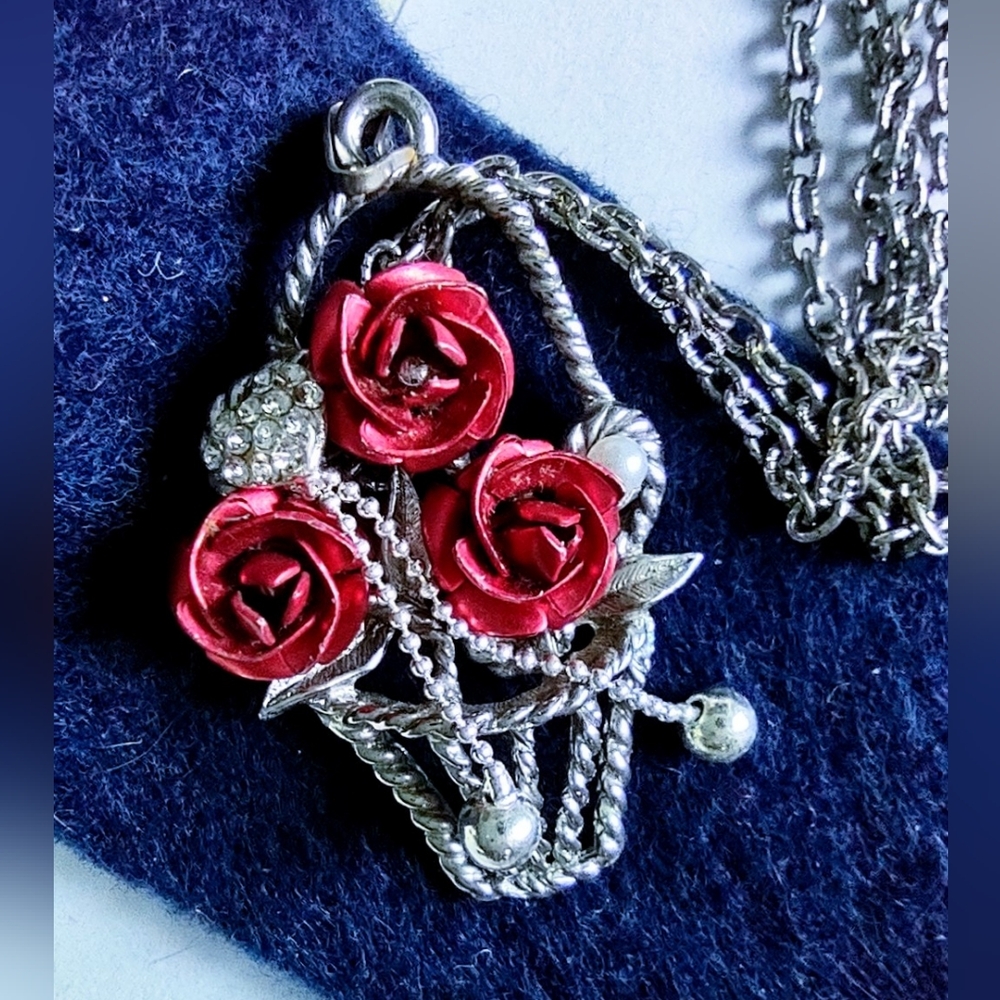 Basket of Three Roses Silver Pendant